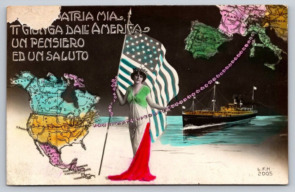 Vintage Italian Immigration Postcard Patria Mia US Flag Ocean Liner Italy LFM